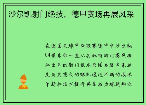 沙尔凯射门绝技，德甲赛场再展风采