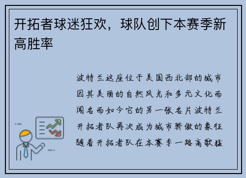开拓者球迷狂欢，球队创下本赛季新高胜率